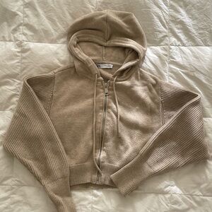 Tan Hooded Zip-Up Sweater
